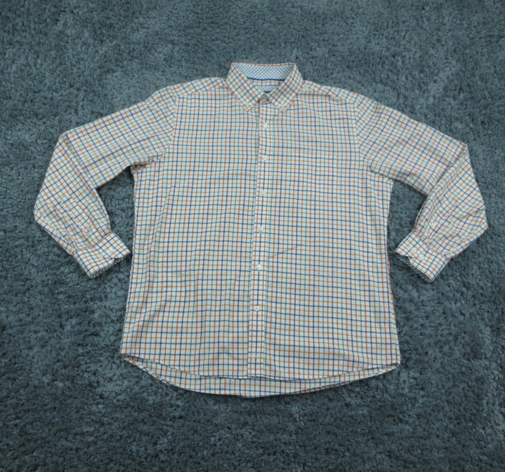 Johnston & Murphy Shirt Mens Large Orange Blue Plaid Button Down J&M Logo Cotton